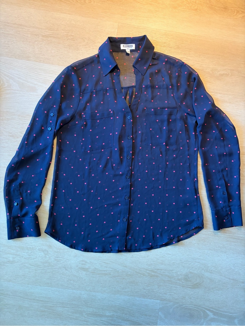 Express Portofino Navy Red Heart Print Blouse Size S